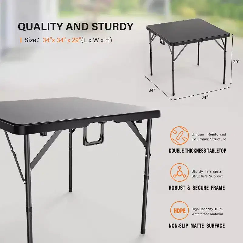 Tavolo pieghevole quadrato nero, 86 cm, 4 posti a sedere