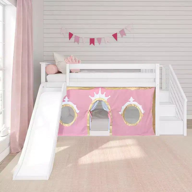 Letto a castello basso in stile Twin su Twin, colore bianco/argilla, con scalini, scivolo e tendina, per 2 persone