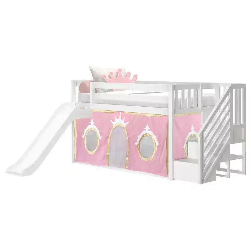 Letto a castello basso in stile Twin su Twin, colore bianco/argilla, con scalini, scivolo e tendina, per 2 persone