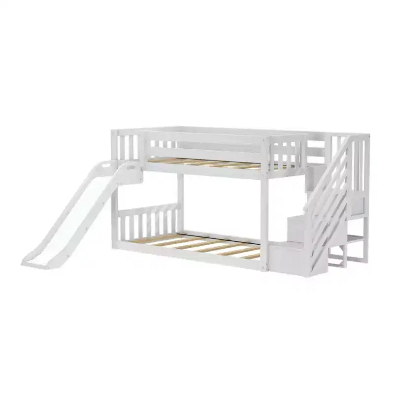 Letto a castello basso in stile Twin su Twin, colore bianco/argilla, con scalini, scivolo e tendina, per 2 persone