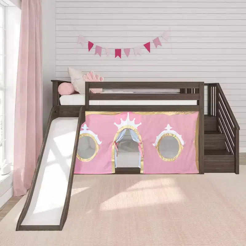 Letto a castello basso in stile Twin su Twin, colore bianco/argilla, con scalini, scivolo e tendina, per 2 persone