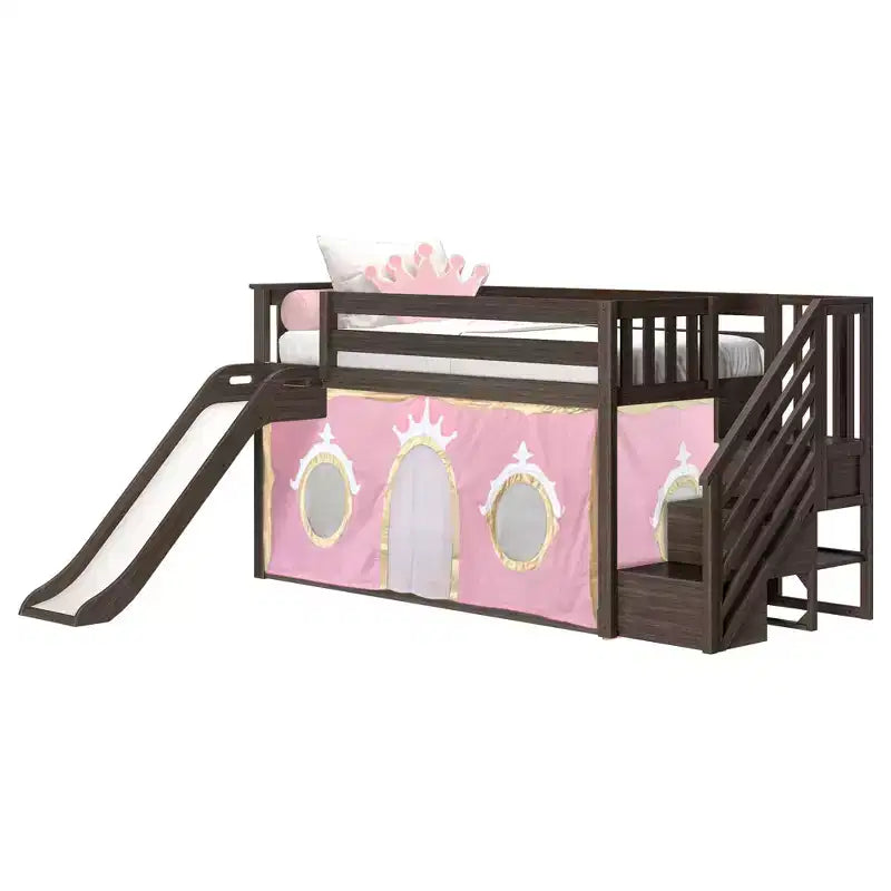 Letto a castello basso in stile Twin su Twin, colore bianco/argilla, con scalini, scivolo e tendina, per 2 persone