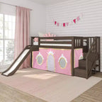 Letto a castello basso in stile Twin su Twin, colore bianco/argilla, con scalini, scivolo e tendina, per 2 persone