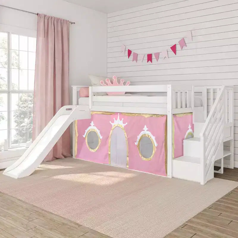 Low Twin over Twin Bunk With Stairs, Easy Slide & Light Pink & Gold Princess Curtain