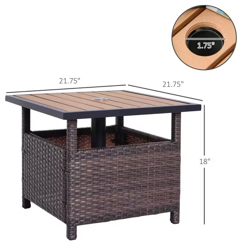 Tavolino da esterno in vimini rattan con foro per ombrellone, marrone/nero, 2 colori, 1 persona