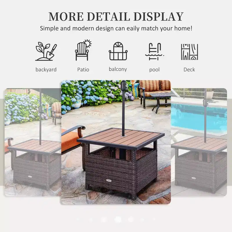 Tavolino da esterno in vimini rattan con foro per ombrellone, marrone/nero, 2 colori, 1 persona