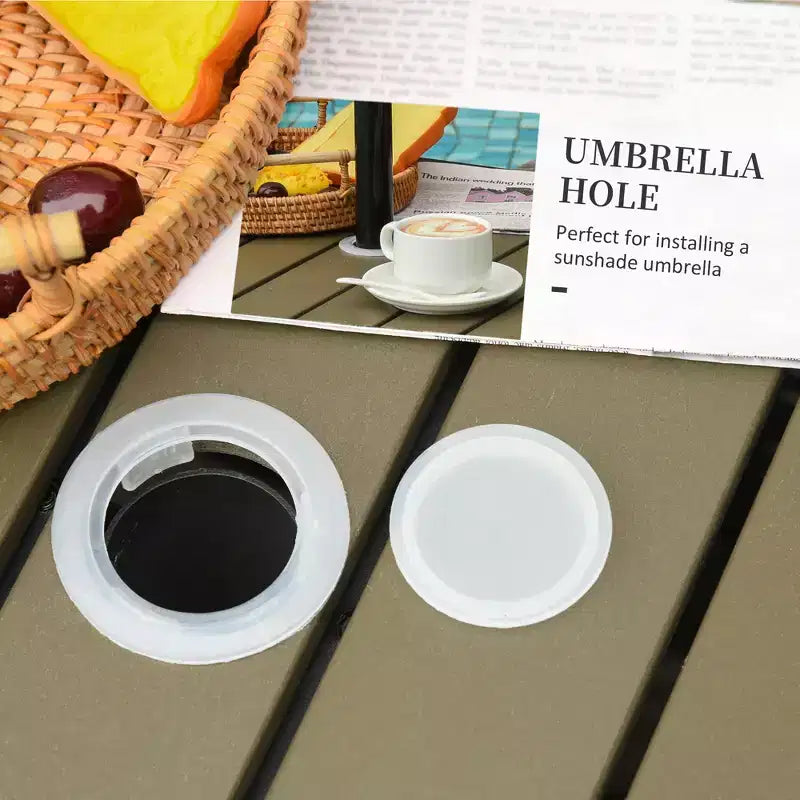 Tavolino da esterno in vimini rattan con foro per ombrellone, marrone/nero, 2 colori, 1 persona