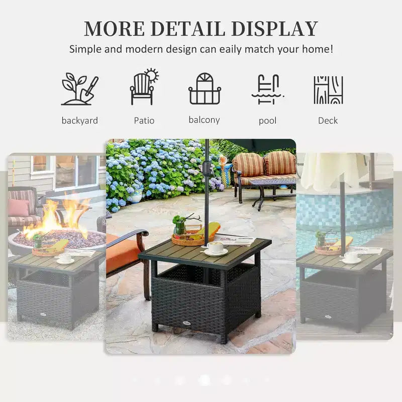Tavolino da esterno in vimini rattan con foro per ombrellone, marrone/nero, 2 colori, 1 persona