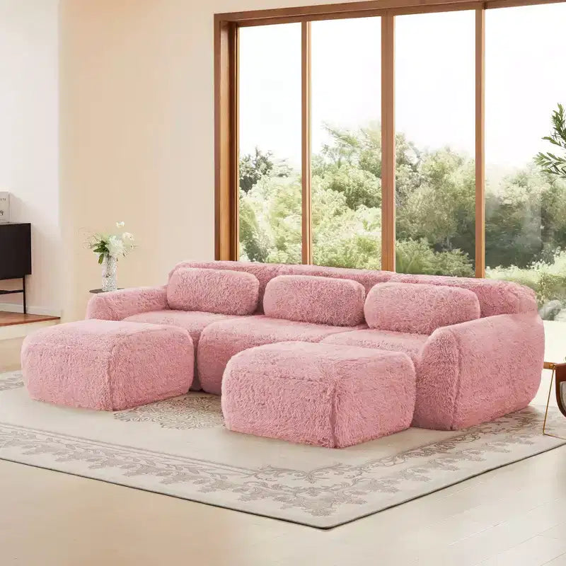 Divano sezionale a U in marrone / grigio / kaki chiaro / rosa, modulare in 4 pezzi, 3 posti