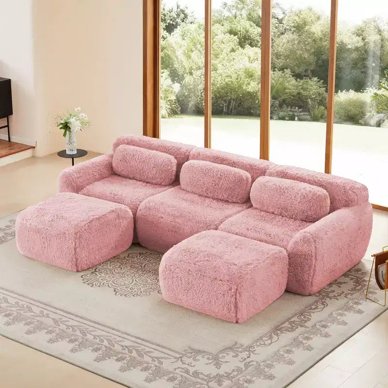 Divano sezionale a U in marrone / grigio / kaki chiaro / rosa, modulare in 4 pezzi, 3 posti