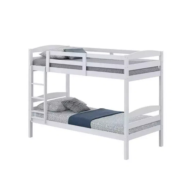 Letto a castello singolo su singolo bianco con scaletta, design a doghe ad arco, per 2 persone