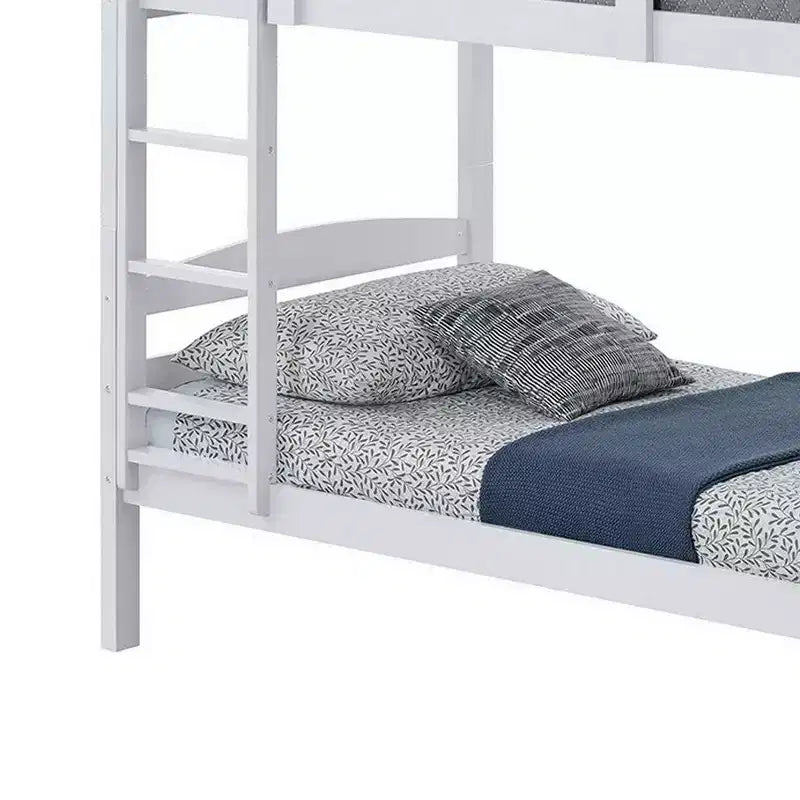 Letto a castello singolo su singolo bianco con scaletta, design a doghe ad arco, per 2 persone