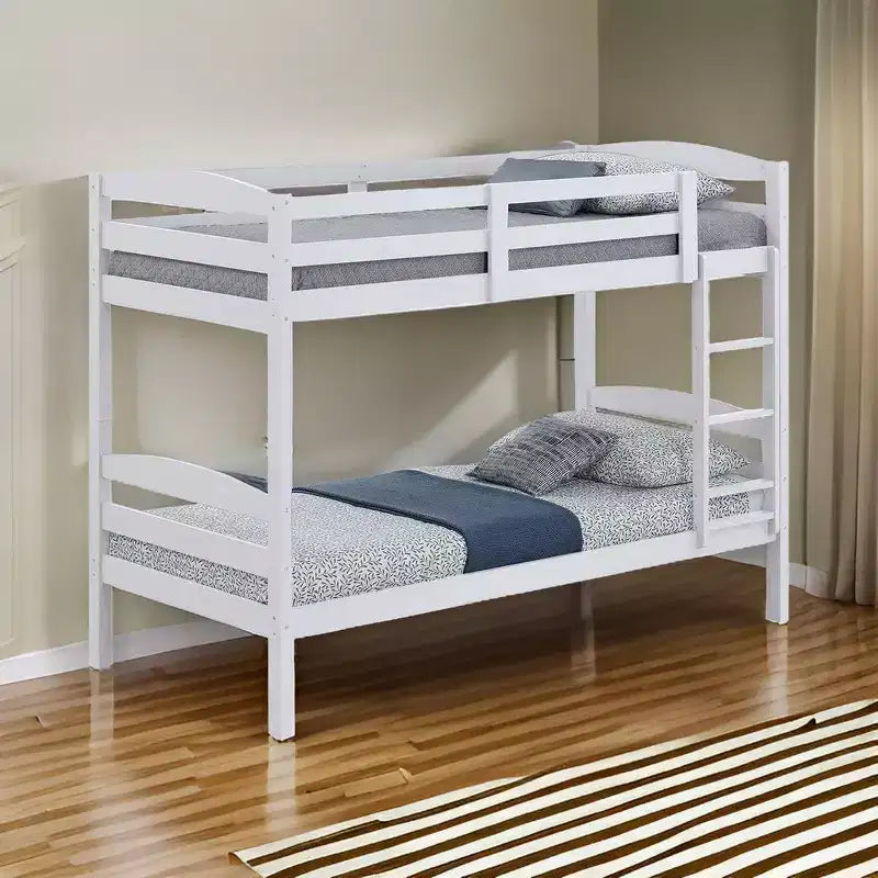 Letto a castello singolo su singolo bianco con scaletta, design a doghe ad arco, per 2 persone