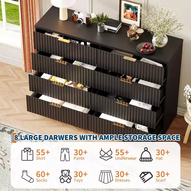 Cassettiera doppia a 8 cassetti, stile scanalato, nero/naturale/bianco