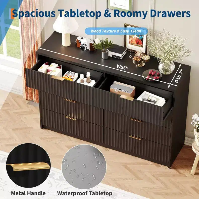 Cassettiera doppia a 8 cassetti, stile scanalato, nero/naturale/bianco