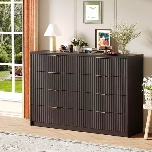 Fluted Dresser for Bedroom, 8 Drawer Double Dresser, Modern Chest of Drawers w/Metal Handles, Wooden Dressers for Living Room Hallway