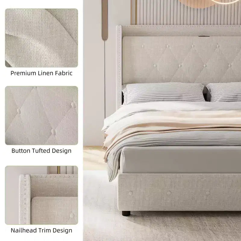 Letto a piattaforma matrimoniale in lino grigio con testiera alettata, 4 cassetti contenitore e stazione di ricarica, 1-2 persone