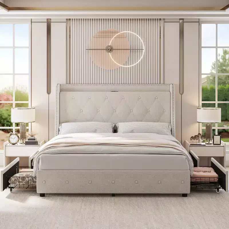 Letto a piattaforma matrimoniale in lino grigio con testiera alettata, 4 cassetti contenitore e stazione di ricarica, 1-2 persone