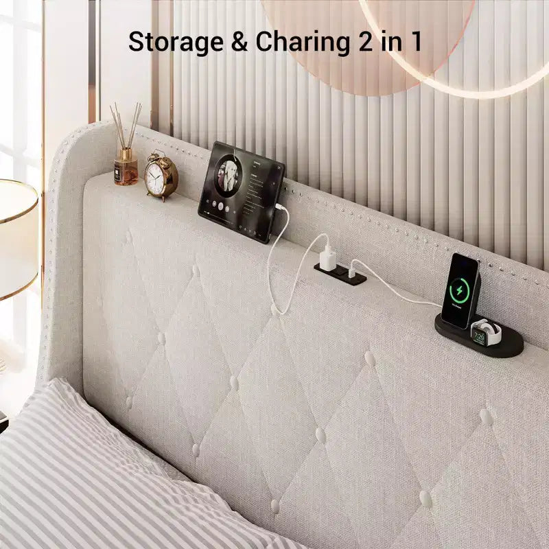 Letto a piattaforma matrimoniale in lino grigio con testiera alettata, 4 cassetti contenitore e stazione di ricarica, 1-2 persone