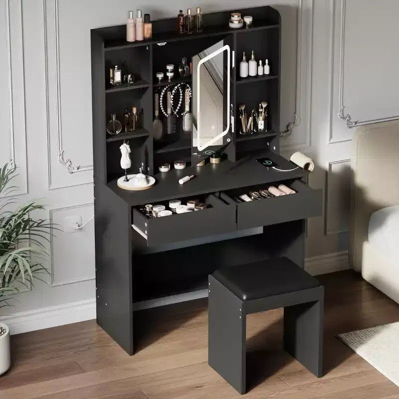 Tavolino da trucco bianco con specchio LED, sgabello e contenitore – 1 persona, 89,9 cm L