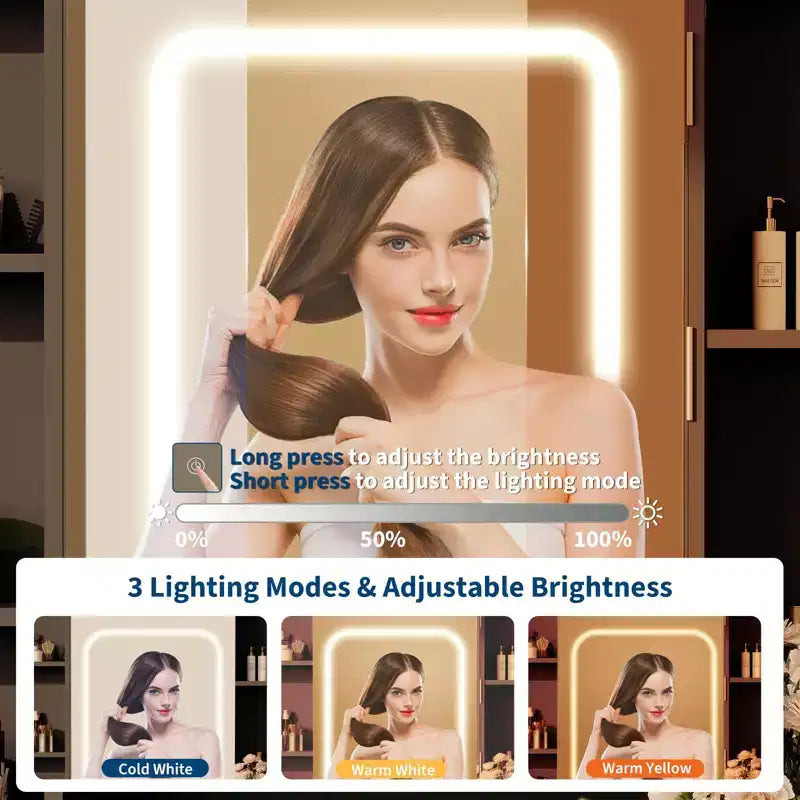 Tavolino da trucco bianco con specchio LED, sgabello e contenitore – 1 persona, 89,9 cm L