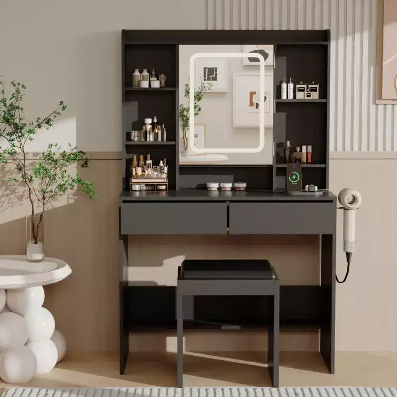Tavolino da trucco bianco con specchio LED, sgabello e contenitore – 1 persona, 89,9 cm L