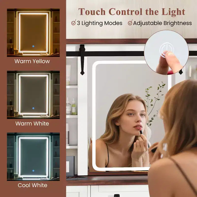 Scrivania da trucco illuminata bianca con specchio e stazione di ricarica – 1 persona