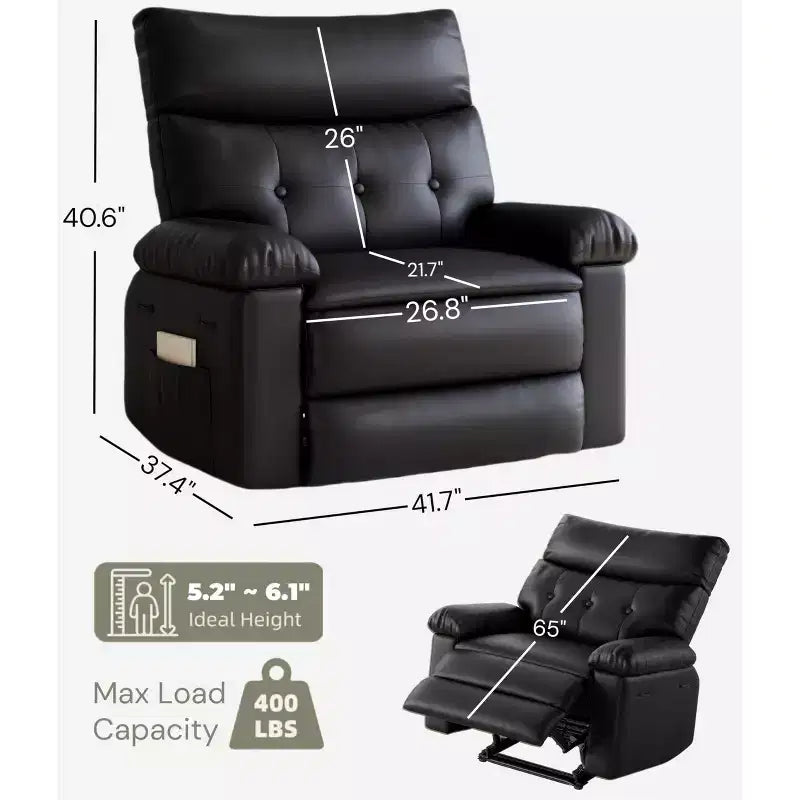 Ampia poltrona reclinabile manuale con calore e massaggio, in pelle PU – Beige/Nero/Caffè/Grigio/Retrò/Marrone chiaro, seduta singola