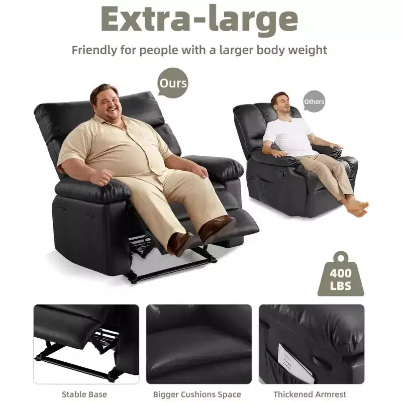 Ampia poltrona reclinabile manuale con calore e massaggio, in pelle PU – Beige/Nero/Caffè/Grigio/Retrò/Marrone chiaro, seduta singola