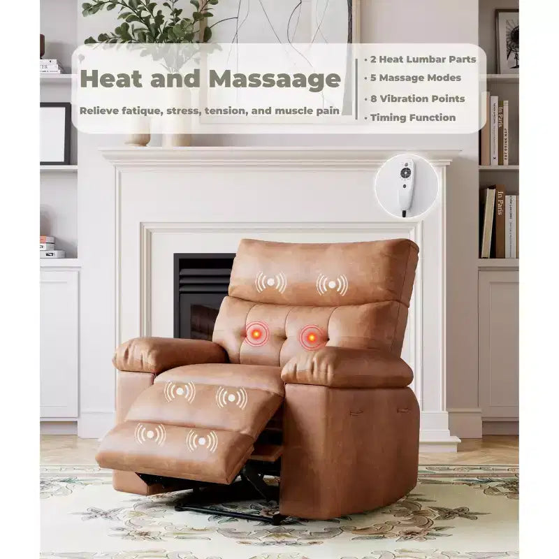Ampia poltrona reclinabile manuale con calore e massaggio, in pelle PU – Beige/Nero/Caffè/Grigio/Retrò/Marrone chiaro, seduta singola