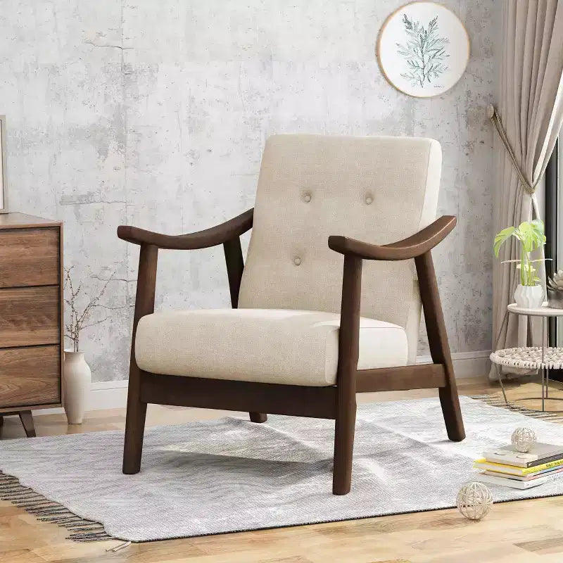MAYEERTY Mid Century Modern Tufted Armchair, Beige Upholstery Brown Frame, Living Room Dining Room