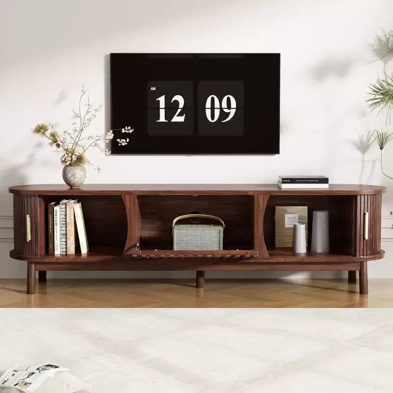 Mobile TV in legno naturale con contenitore, marrone, montaggio a 1 persona, adatto per TV fino a 75"