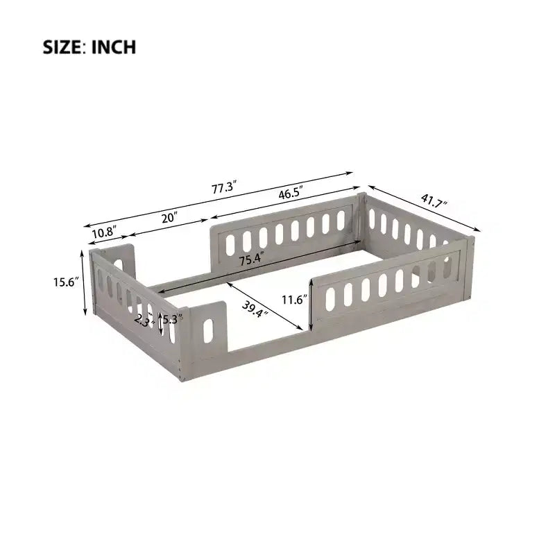Letto a piattaforma basso per bambini gemello e matrimoniale naturale/bianco con recinzione semi-chiusa