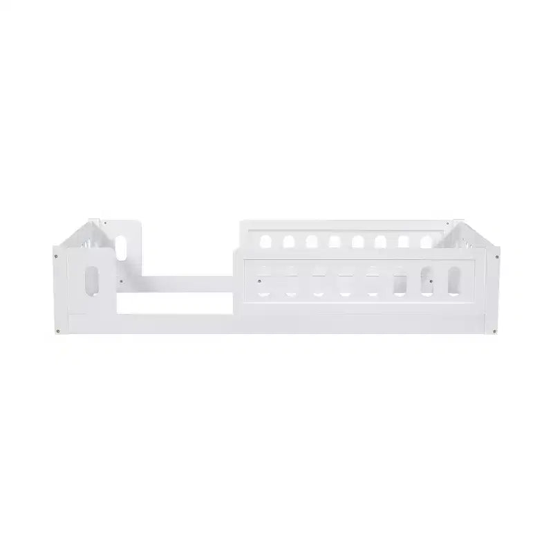 Letto a piattaforma basso per bambini gemello e matrimoniale naturale/bianco con recinzione semi-chiusa