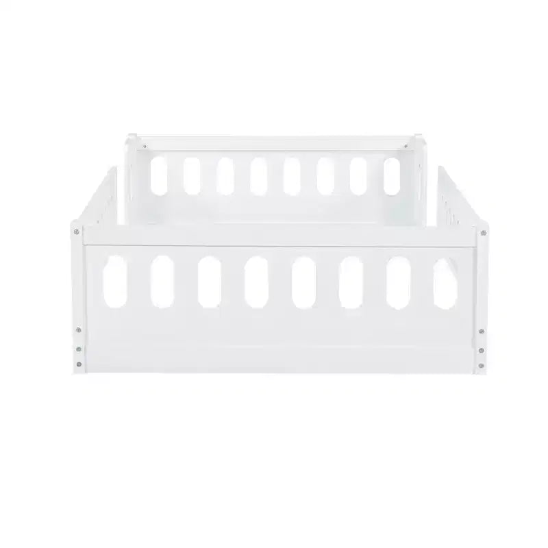 Letto a piattaforma basso per bambini gemello e matrimoniale naturale/bianco con recinzione semi-chiusa