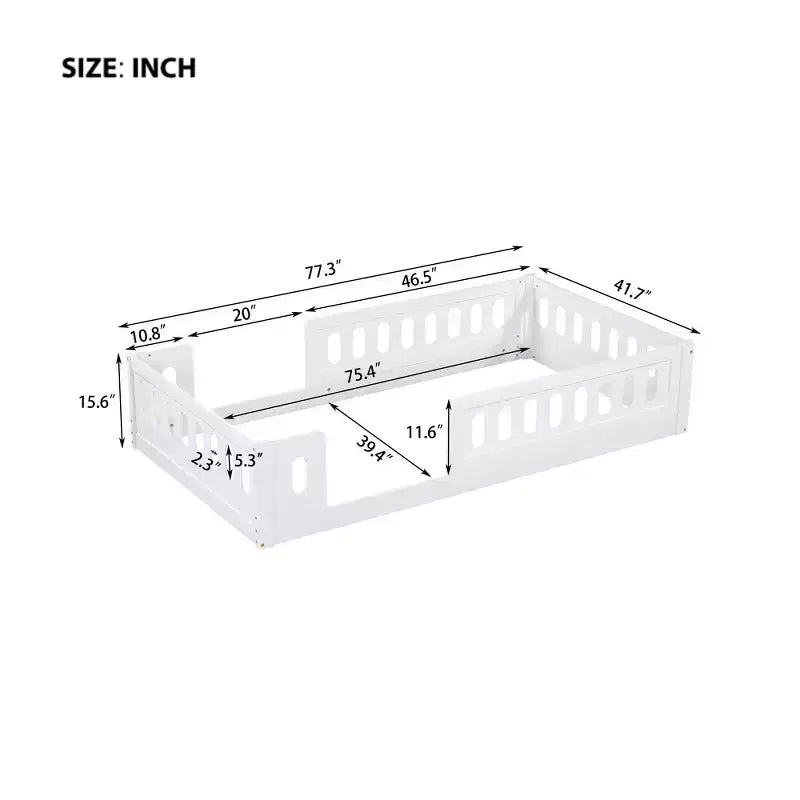 Letto a piattaforma basso per bambini gemello e matrimoniale naturale/bianco con recinzione semi-chiusa