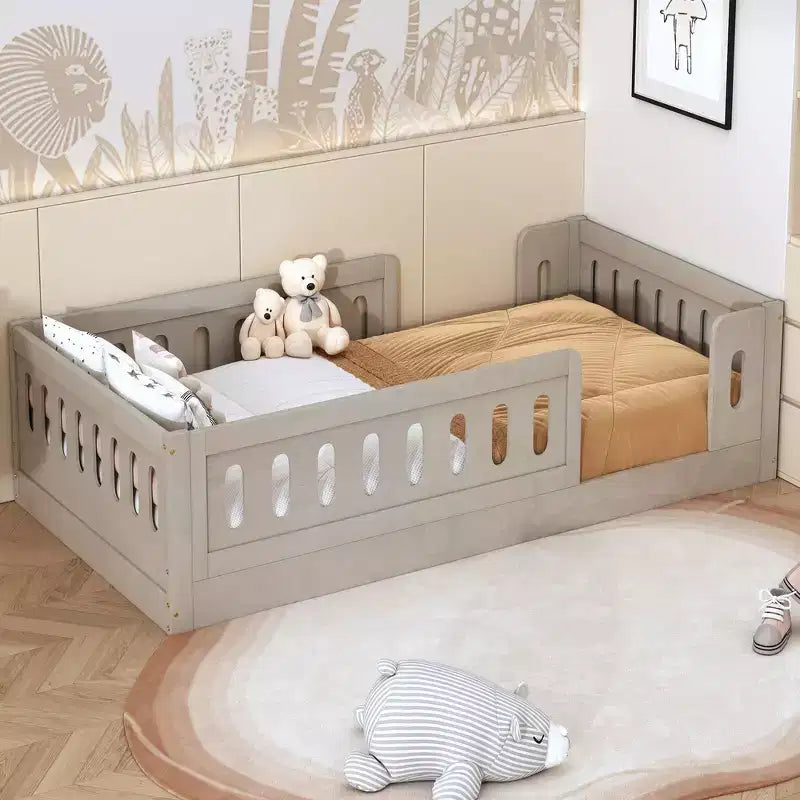 Whisen Wood Twin Size Platform Bed with Semi-enclosed Fence