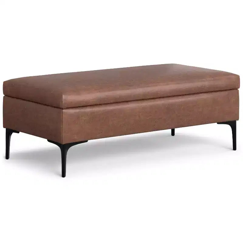 Lilah 48 inch Wide Mid Century Modern Rectangle Large Coffee Table Storage Ottoman with Lift up Lid in Distressed Saddle Brown Faux Leather