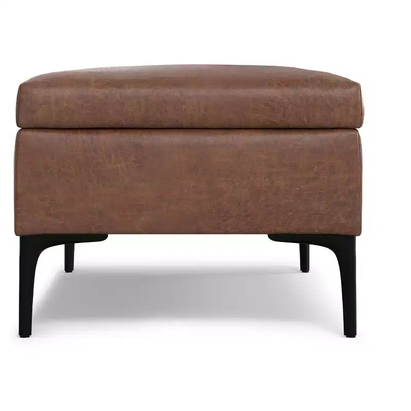 Poggiapiedi contenitore rettangolare in similpelle marrone invecchiato, stile moderno di metà secolo, 1-2 posti, larghezza 122 cm