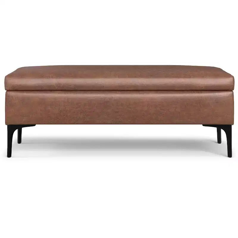 Poggiapiedi contenitore rettangolare in similpelle marrone invecchiato, stile moderno di metà secolo, 1-2 posti, larghezza 122 cm