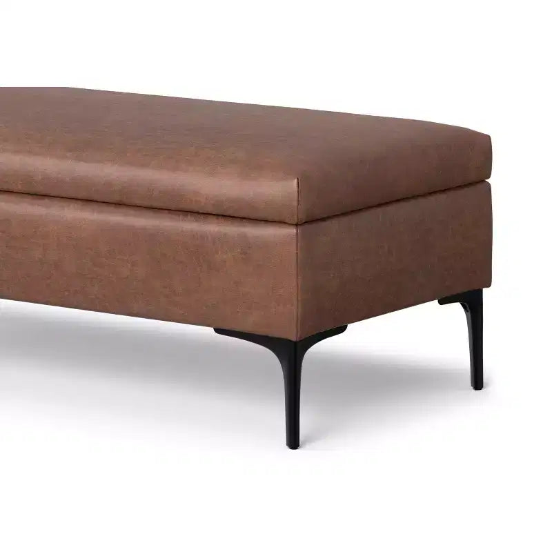 Poggiapiedi contenitore rettangolare in similpelle marrone invecchiato, stile moderno di metà secolo, 1-2 posti, larghezza 122 cm