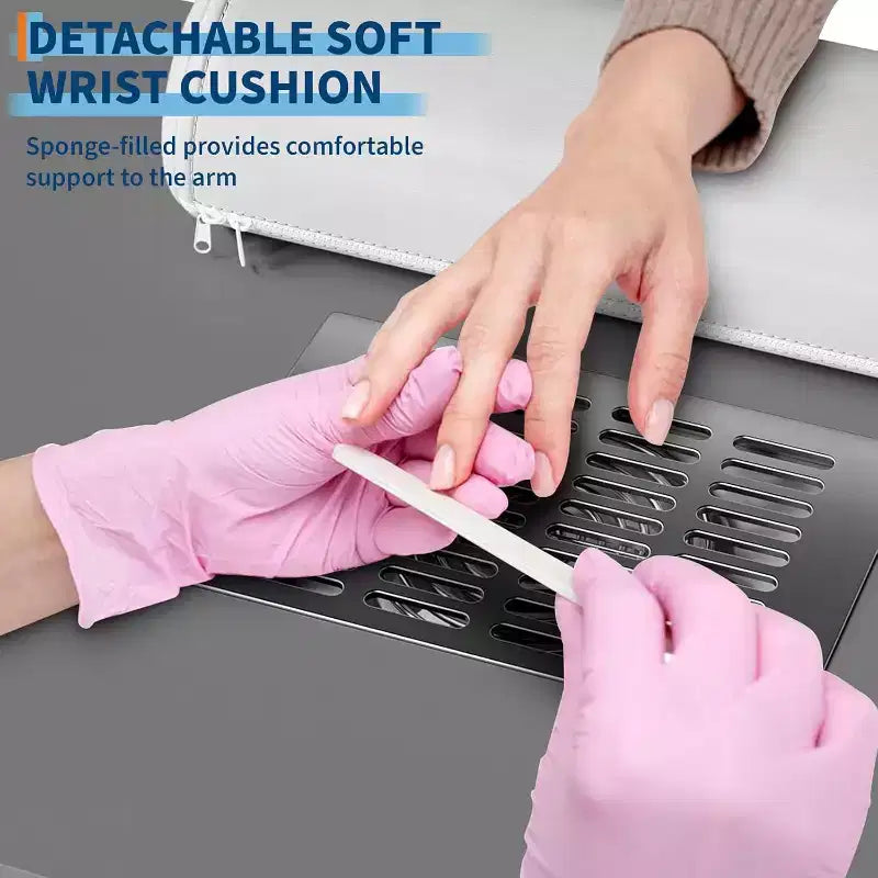 Scrivania per manicure nera/grigia con contenitore, ruote bloccabili e aspiratore – 1 persona