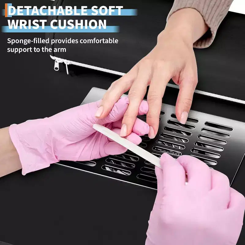 Scrivania per manicure nera/grigia con contenitore, ruote bloccabili e aspiratore – 1 persona