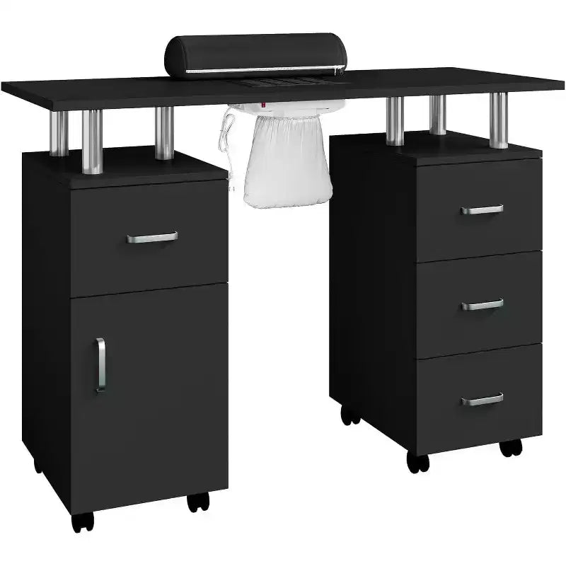 Acekool Manicure Table Gray/Black, Nail Desk with Storage, Lockable Wheels & Dust Collector for Salon or Spa