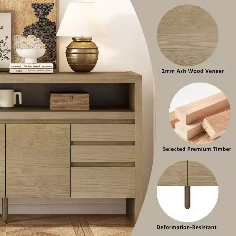 Credenza a 3 ante e 3 cassetti con mensola semiaperta, colore nero / naturale / blu navy
