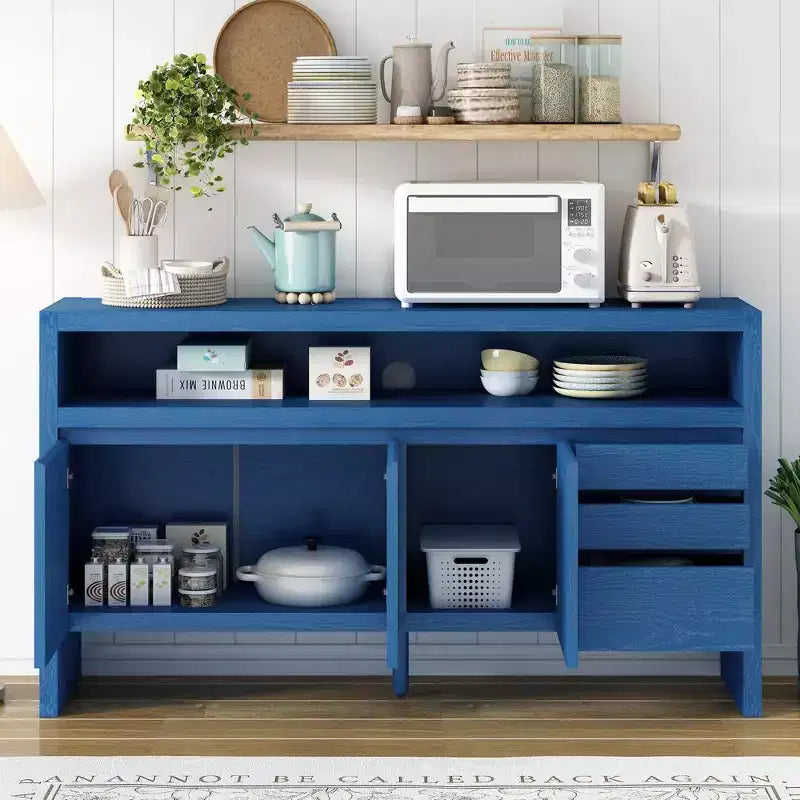 Credenza a 3 ante e 3 cassetti con mensola semiaperta, colore nero / naturale / blu navy