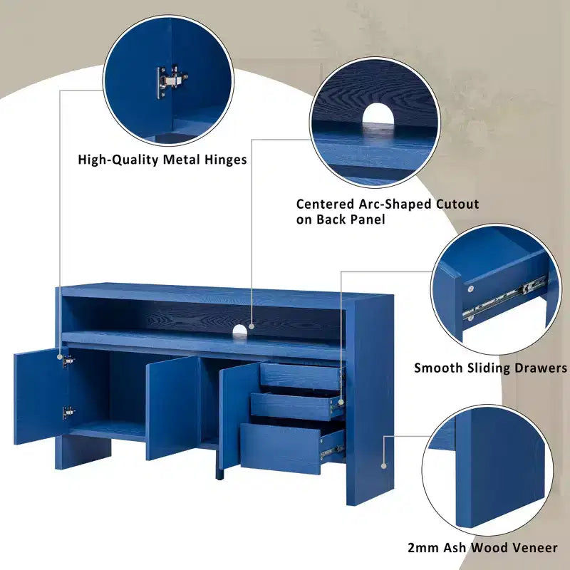 Credenza a 3 ante e 3 cassetti con mensola semiaperta, colore nero / naturale / blu navy