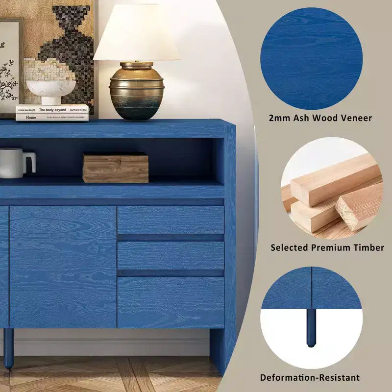 Credenza a 3 ante e 3 cassetti con mensola semiaperta, colore nero / naturale / blu navy