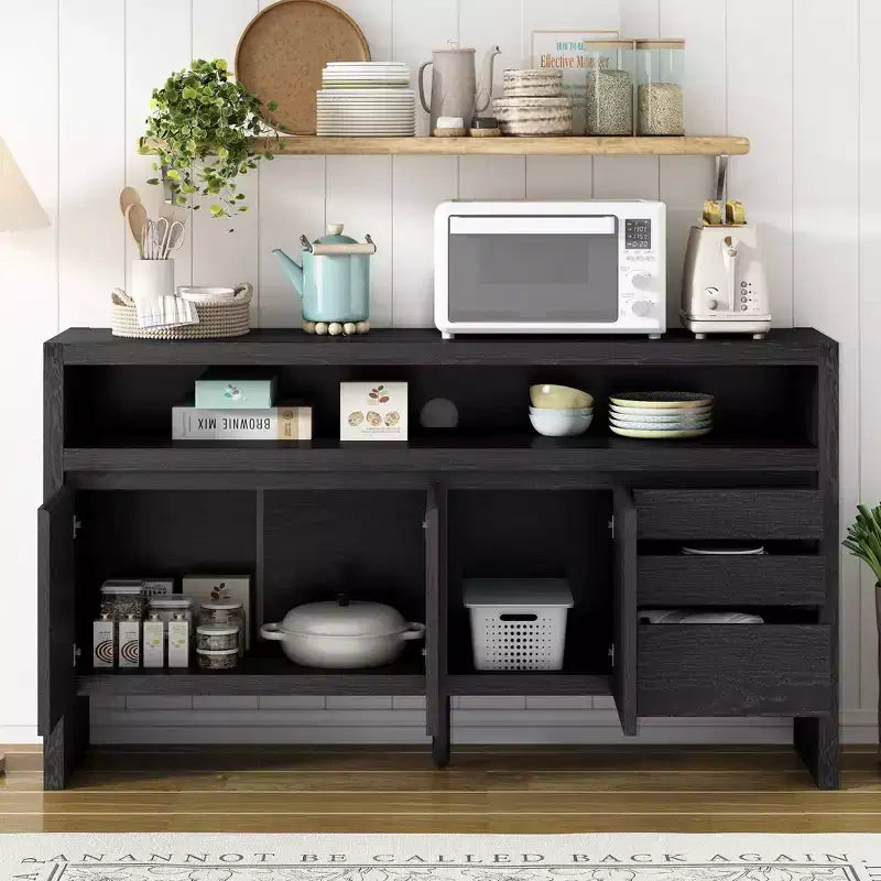 Credenza a 3 ante e 3 cassetti con mensola semiaperta, colore nero / naturale / blu navy