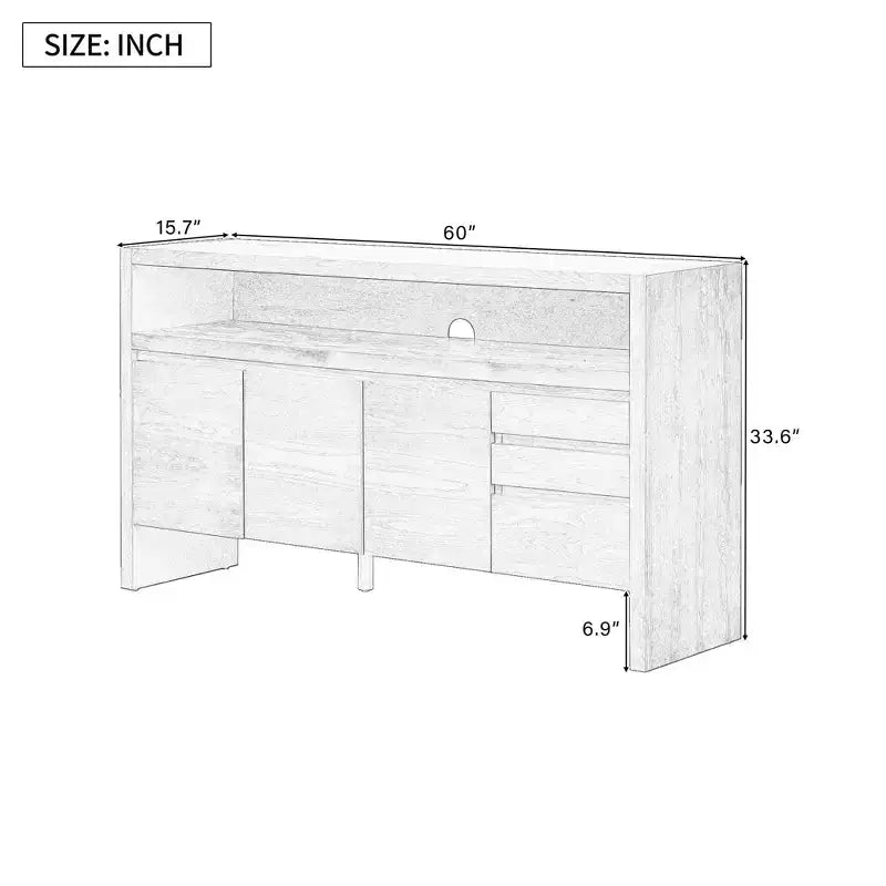 Credenza a 3 ante e 3 cassetti con mensola semiaperta, colore nero / naturale / blu navy